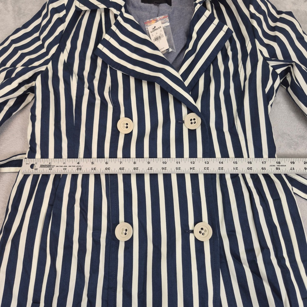 Express Womens Navy Blue White Striped Double Breasted Trench Coat Belted Large - Picture 5 of 11